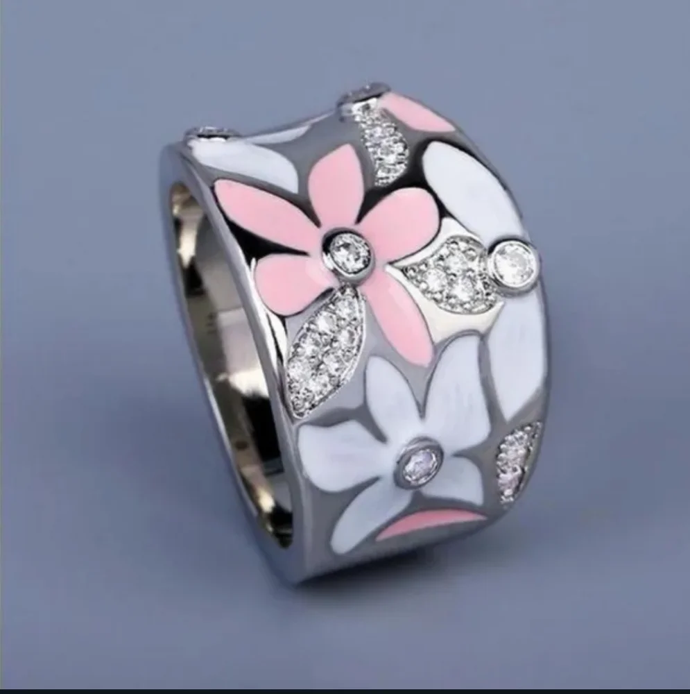 NWT Floral Silver and Pink Enamel Ring - Picture 2 of 3